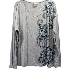 Chicos Women's Top Size Large Gray Blue Embroidered Paisley Relaxed Stretch